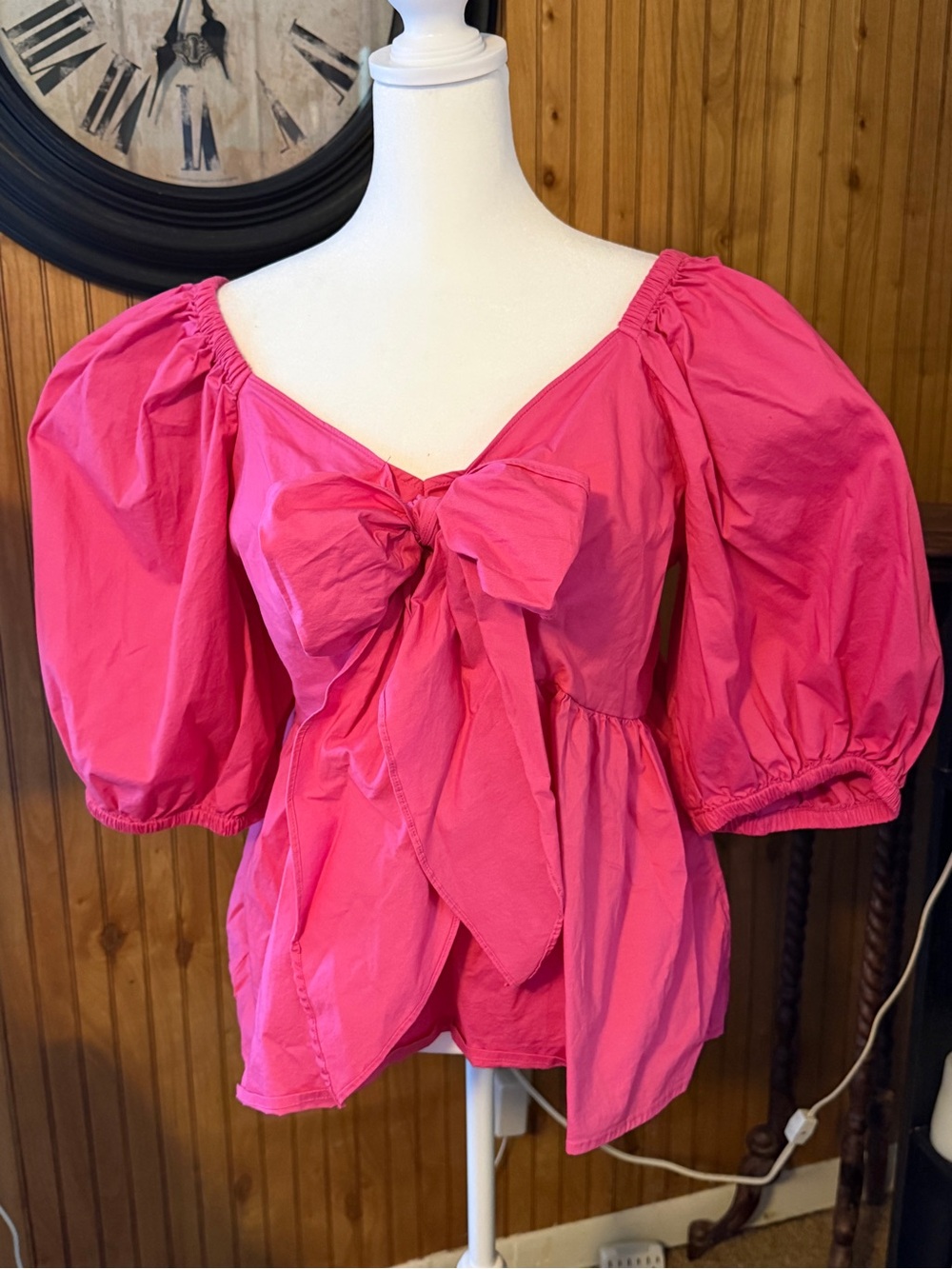 crown & ivy Hot Pink Bow-Front Puff Sleeve Blouse